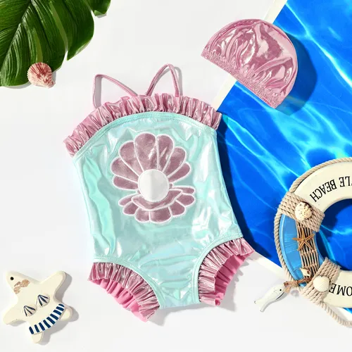 Süßer einteiliger Badeanzug aus Shell für Mädchen mit Rüschenrand (Polyester/Elasthan)