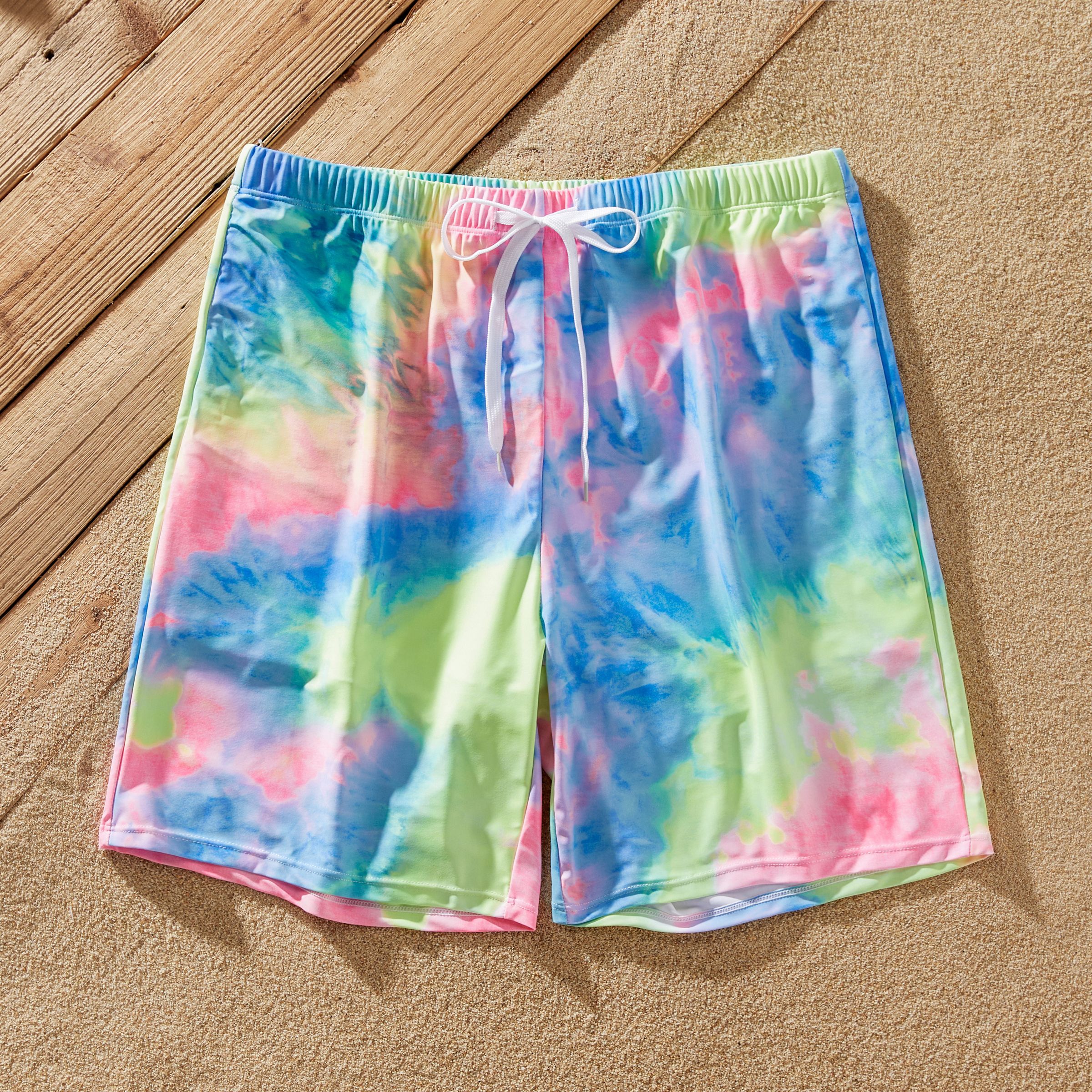 Family Matching Tie Dye V Neck Self-tie Hollow Out Spaghetti Strap One-Piece Swimsuit and Swim Trunk