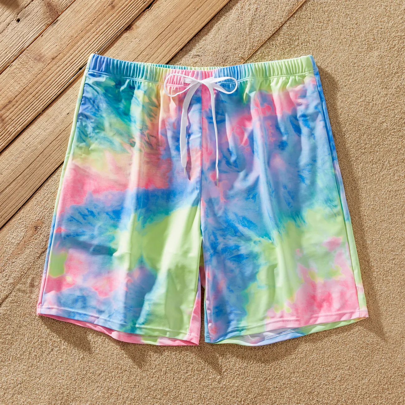 Family Matching Tie Dye V Neck Self-tie Hollow Out Spaghetti Strap One-Piece Swimsuit and Swim Trunks Shorts Multi-color big image 1