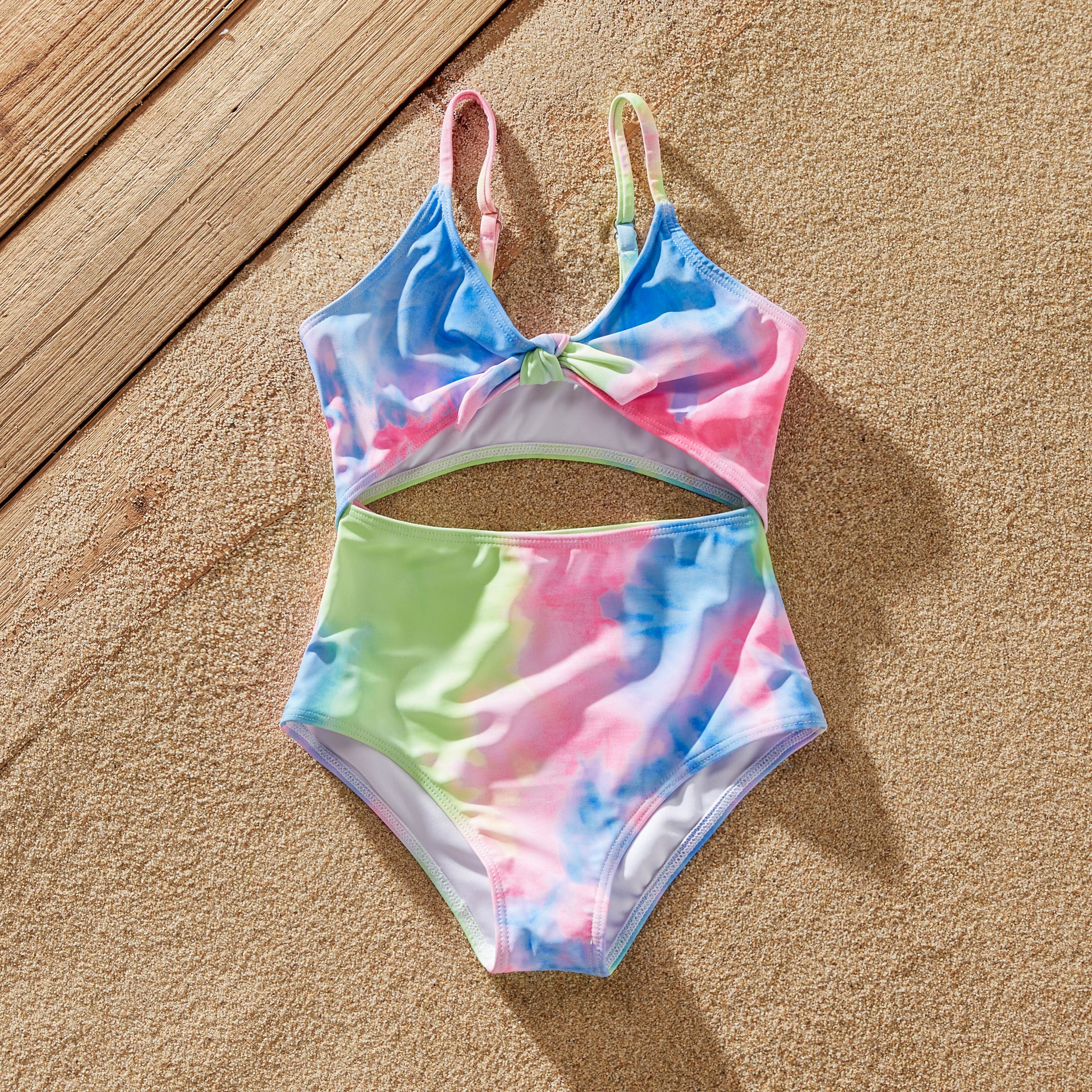 Family Matching Tie Dye V Neck Self-tie Hollow Out Spaghetti Strap One-Piece Swimsuit and Swim Trunk
