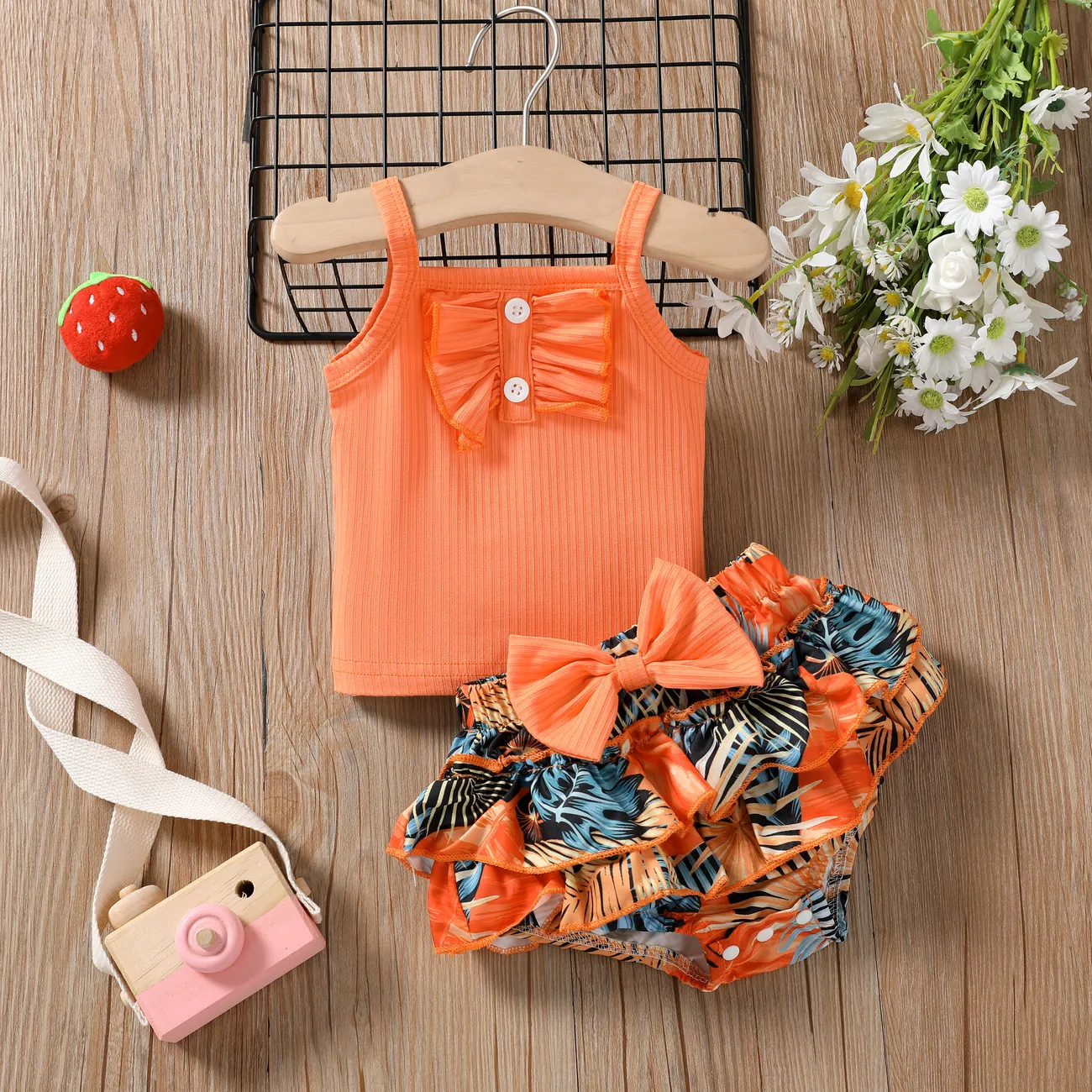 Cute Yellow Baby Girl Bohemian 2-Piece Set with Tropical Floral Pattern and Ruffle Edge Orange- big image 1