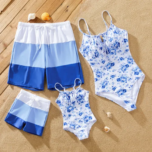 Family Matching Color Block Drawstring Swim Trunks or Floral Ruched One-Piece Swimsuit