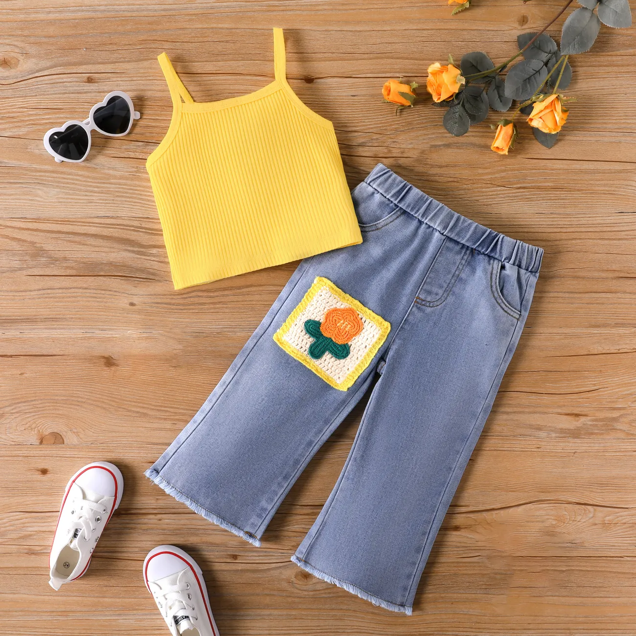 Toddler Girl 2pcs Solid Camisole and Floral Embroidery Denim Jeans Set Yellow big image 1