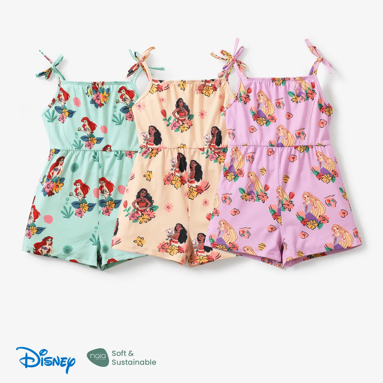 Disney Princess Moana/Ariel/Rapunzel 1pc Toddler Girls Naia™ Character Floral Print Spaghetti Strap Romper Pink big image 1