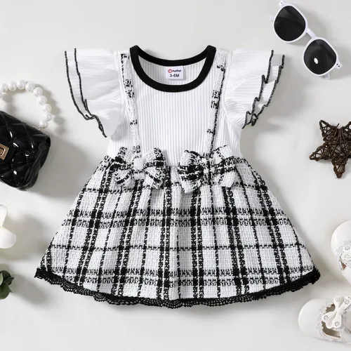 Bebê menina falso-dois colorblock vestido xadrez