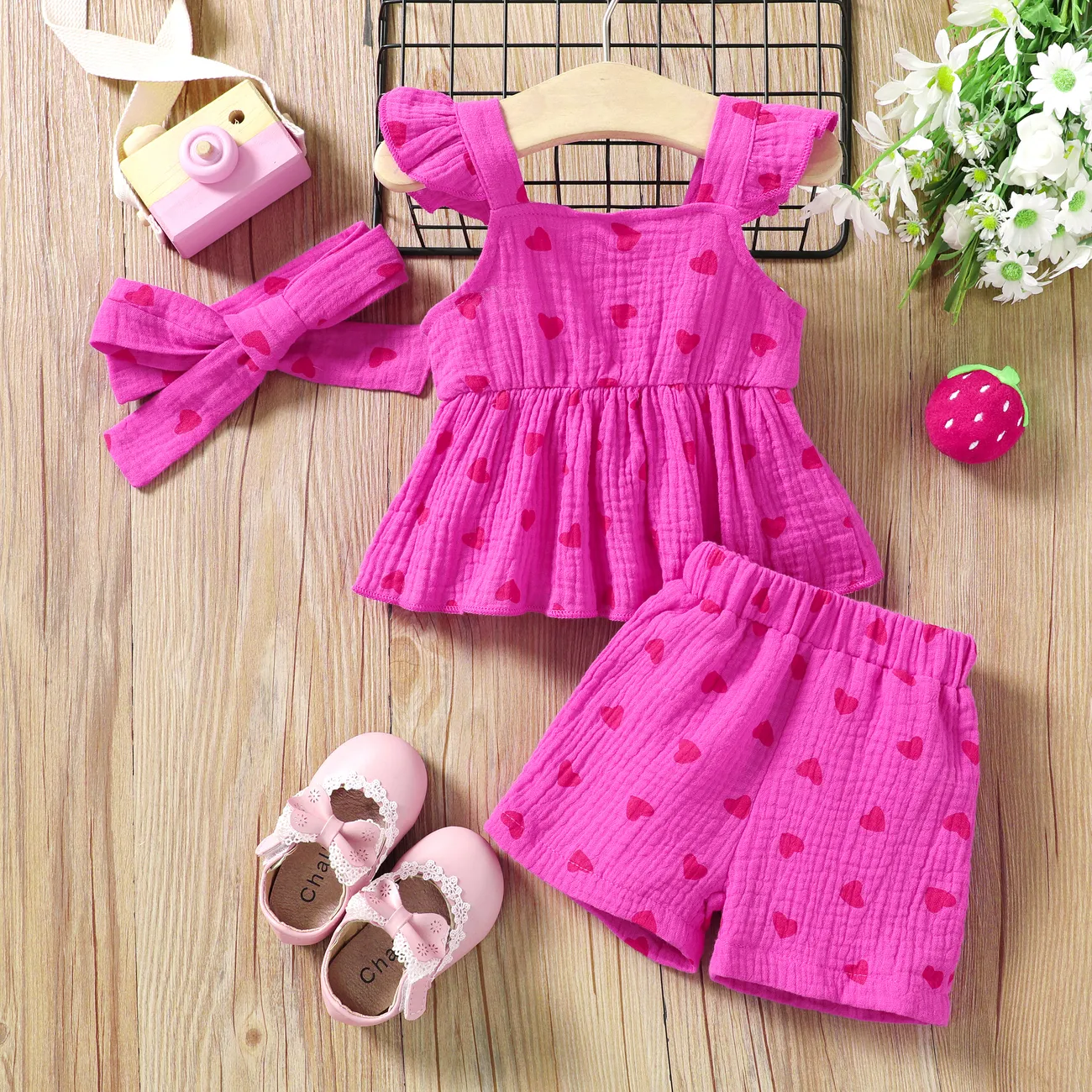Sweet Heart-shaped Baby Girl 3pcs Cotton Summer Set Hot Pink big image 1