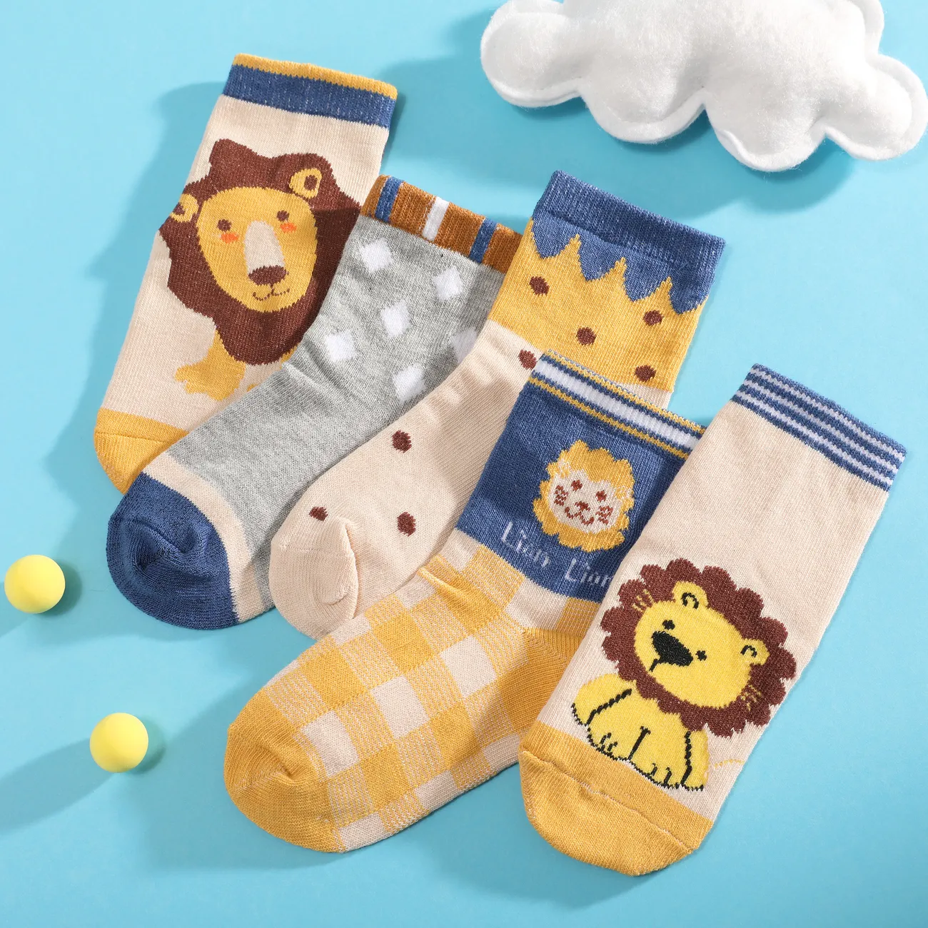 5-pack Toddler/kids Childlike Cartoon Lion Mid-calf Socks MultiColour big image 1
