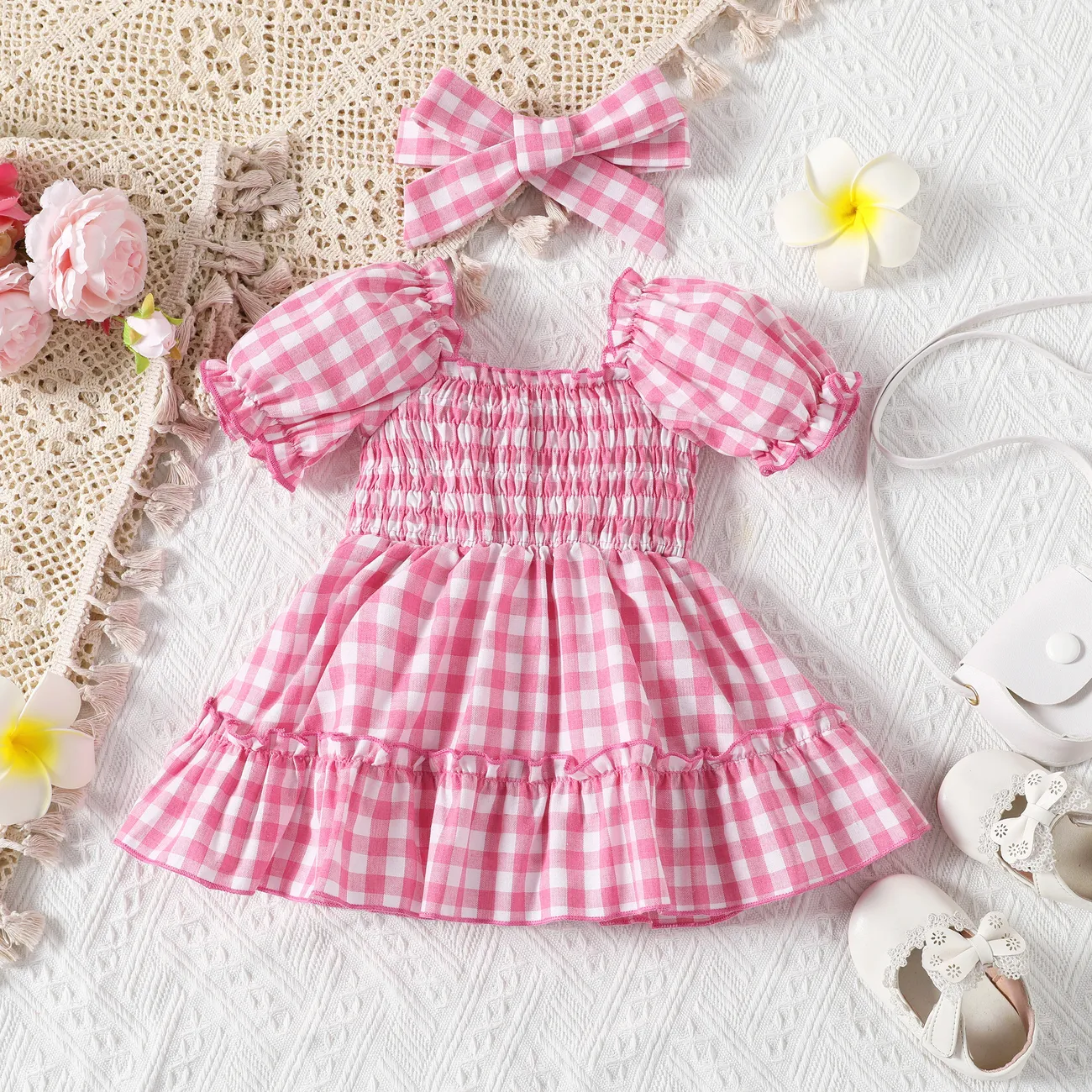 Baby Girl 2pcs Floral Pattern Puff Sleeves Ruffled Dress and Headband Set Pink big image 1