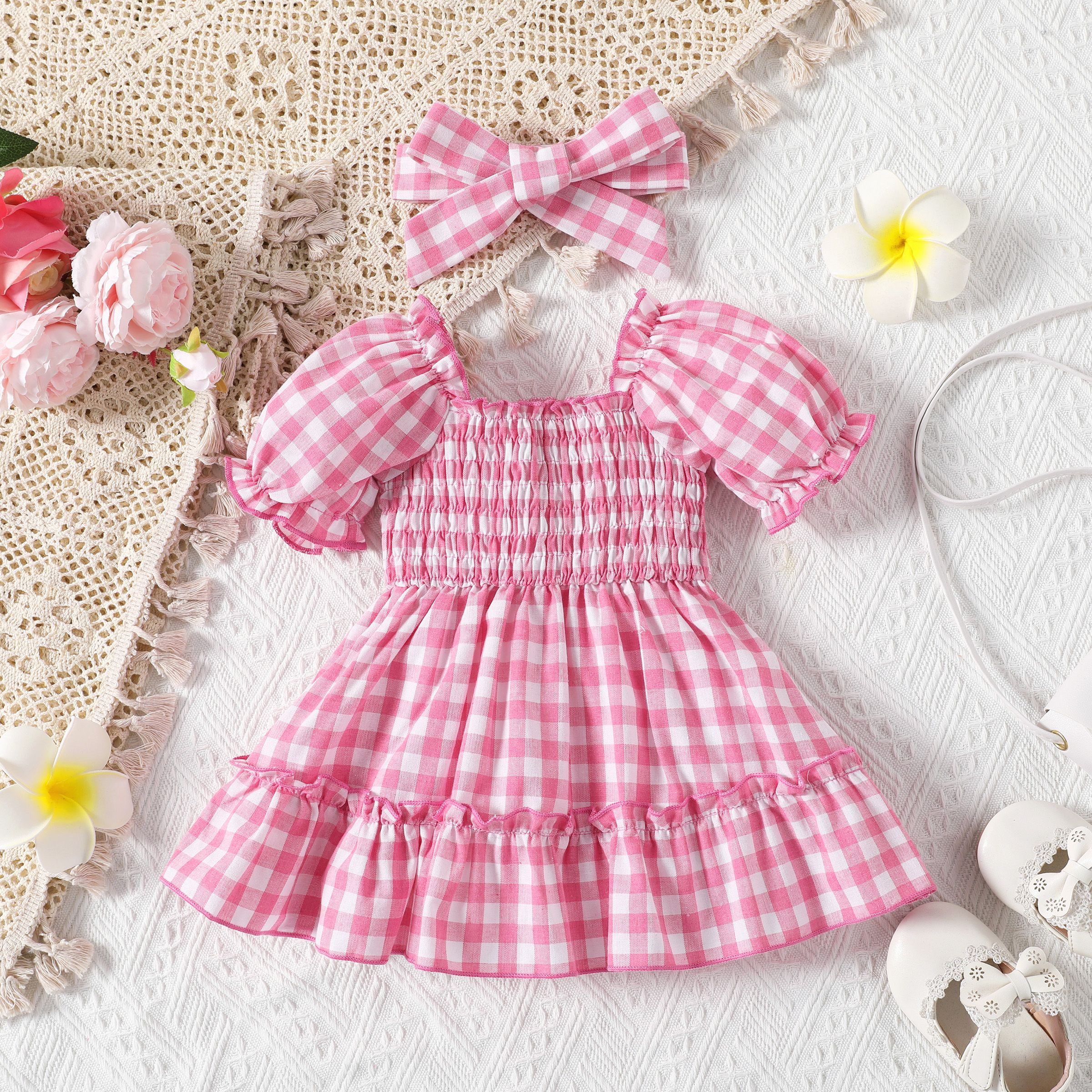 Baby Girl 2pcs Floral Pattern Puff Sleeves Ruffled Dress and Headband Set