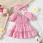 Baby Girl 2pcs Floral Pattern Puff Sleeves Ruffled Dress and Headband Set Pink
