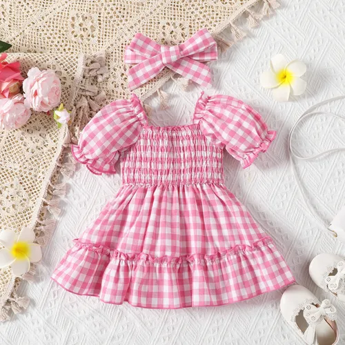 Baby Girl 2pcs Floral Pattern Puff Sleeves Ruffled Dress and Headband Set