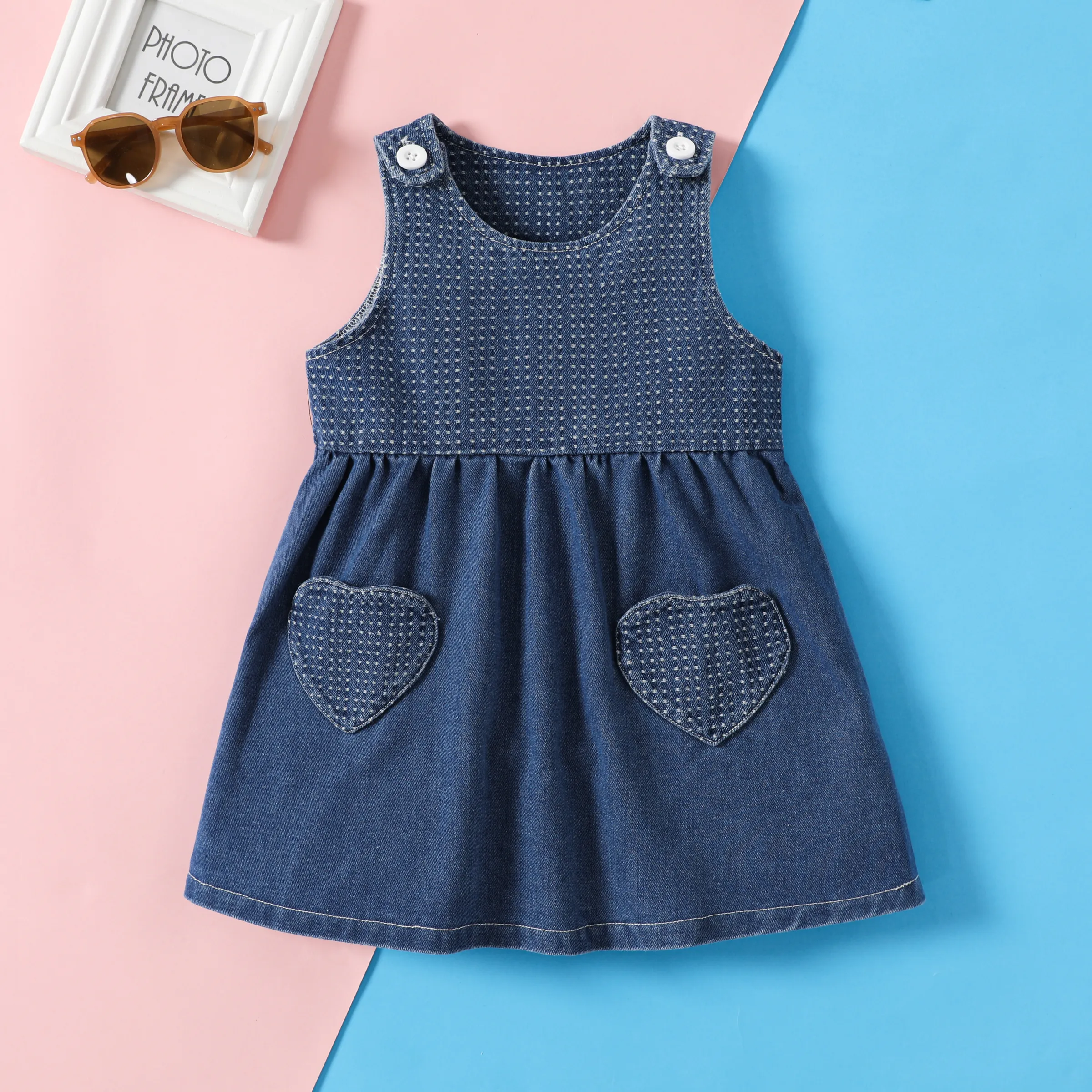 Sweet Toddler Girl 連衣裙，3D 千鳥格網格圖案，棉滌綸混紡，無袖，常規版型