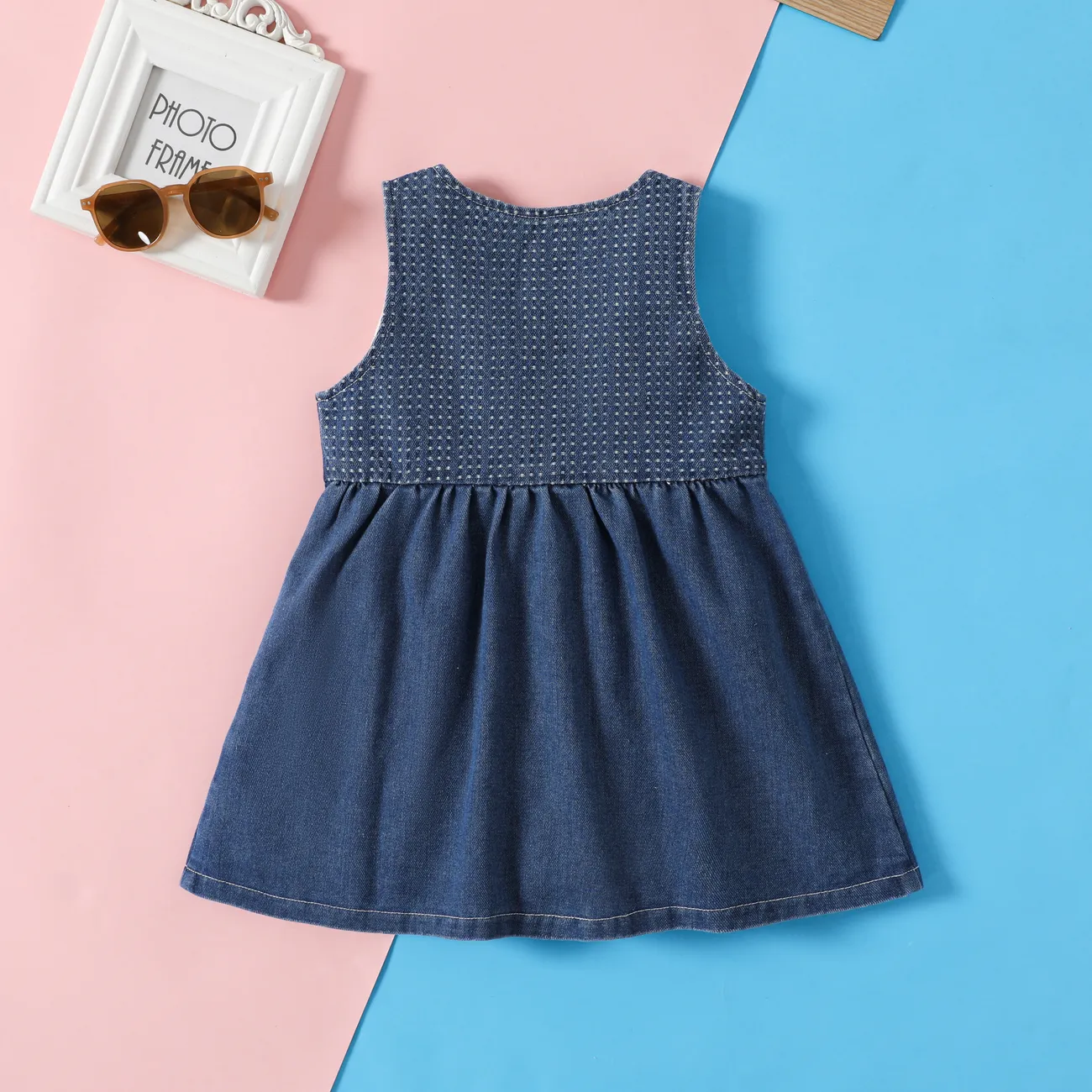 Sweet Toddler Girl Dress, 3D Houndstooth Grid Pattern, Cotton-Poly Blend, Sleeveless, Regular Fit DENIMBLUE big image 1