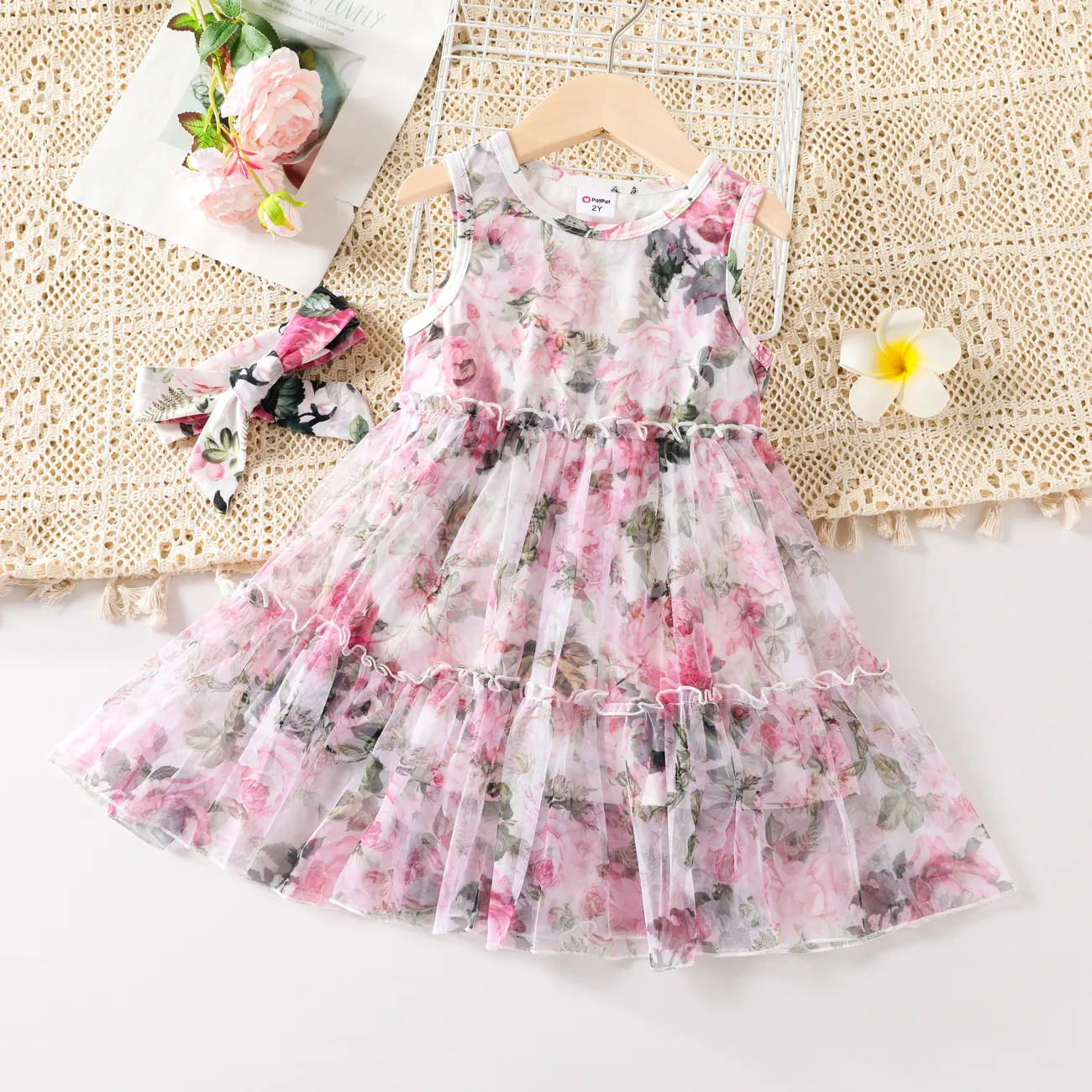 Toddler Girl 2pcs Floral Mesh Multi-layered Dress with Headband Pink big image 1