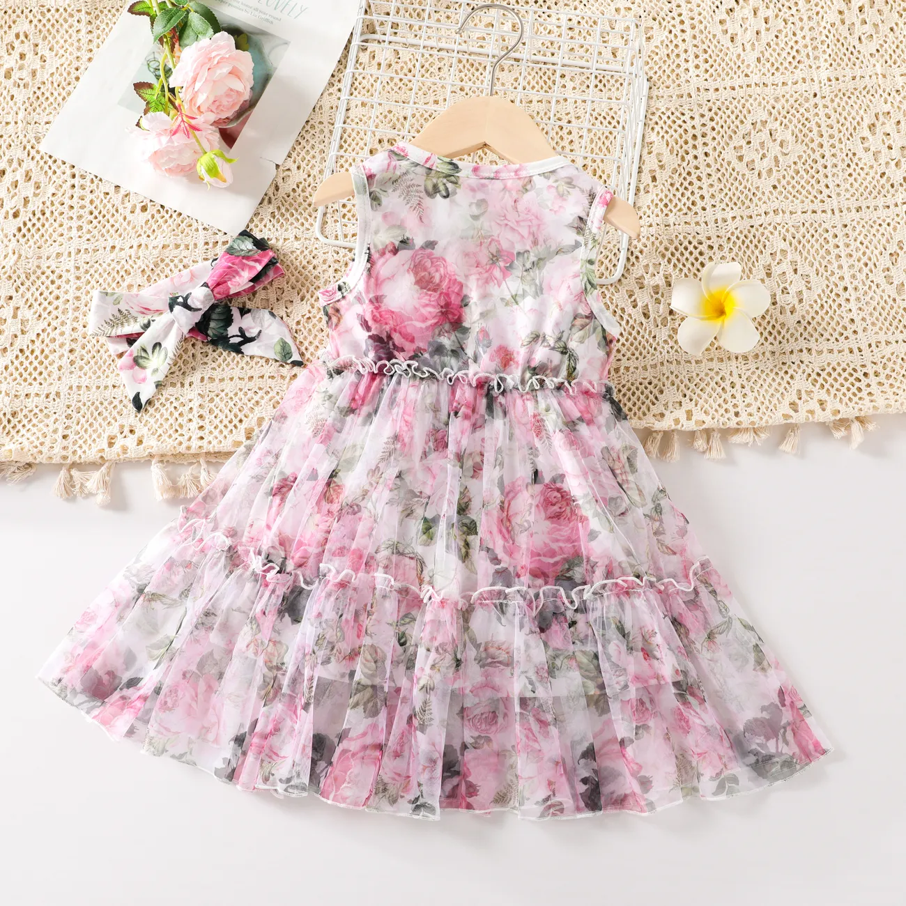 Toddler Girl 2pcs Floral Mesh Multi-layered Dress with Headband Pink big image 1