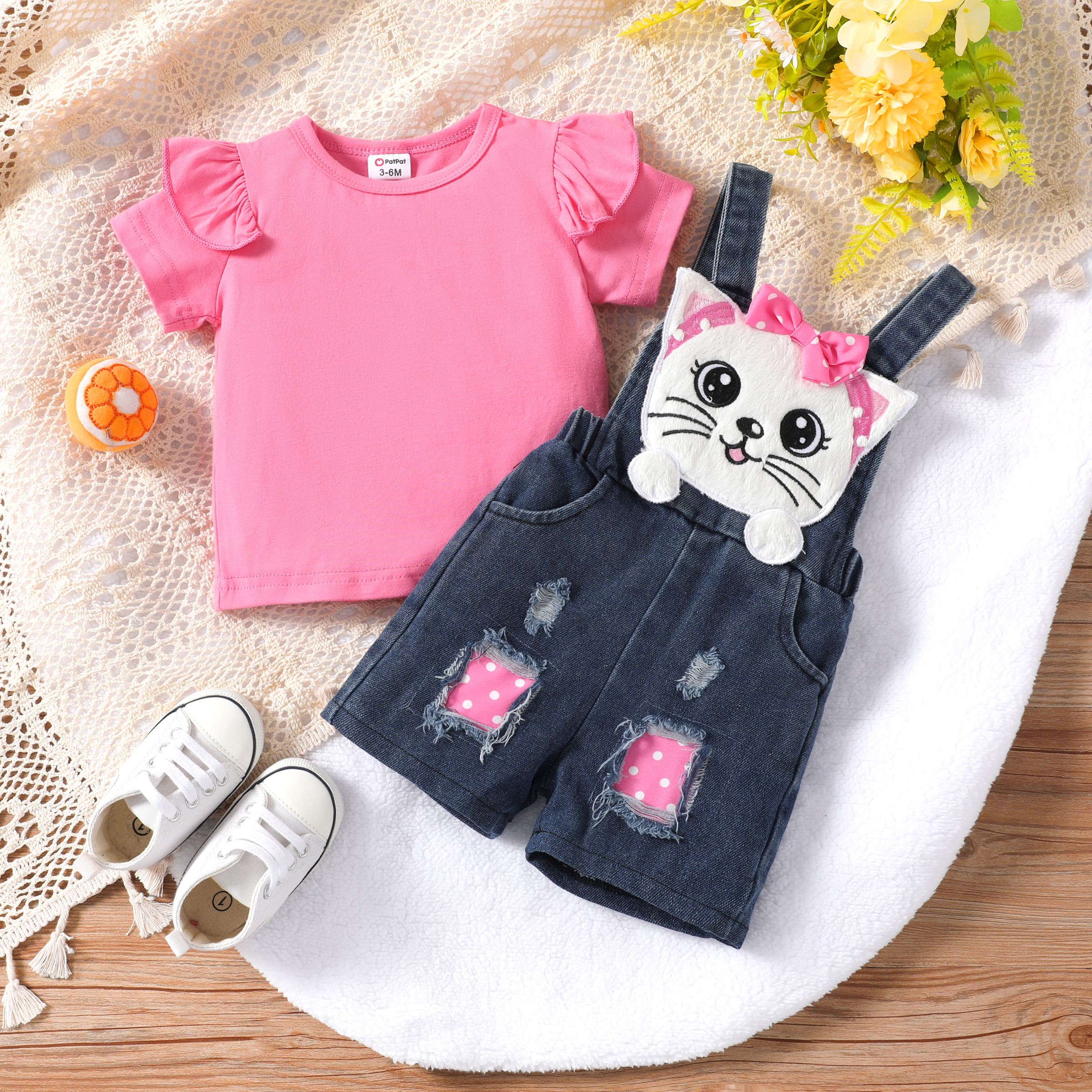 Cute 2pcs Cat Baby Girl Sets with Hole Design and Animal Pattern