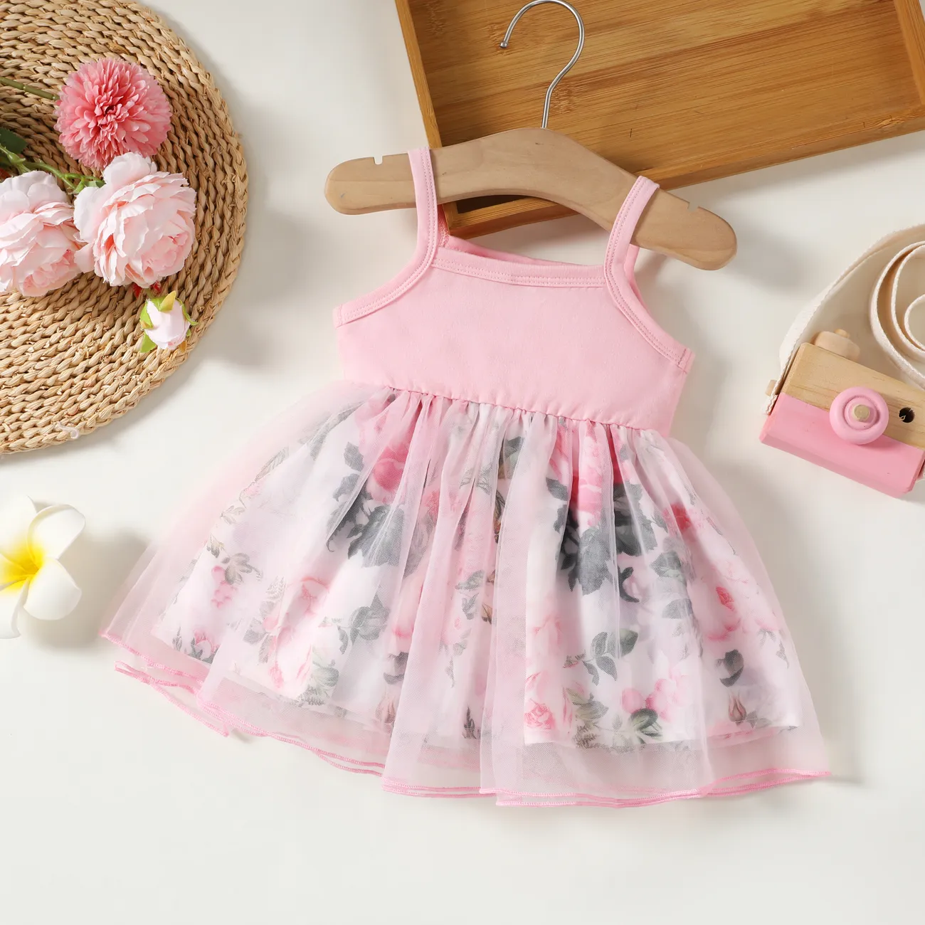嬰兒 背心 大花 甜美 無袖 連衣裙 粉色 big image 1