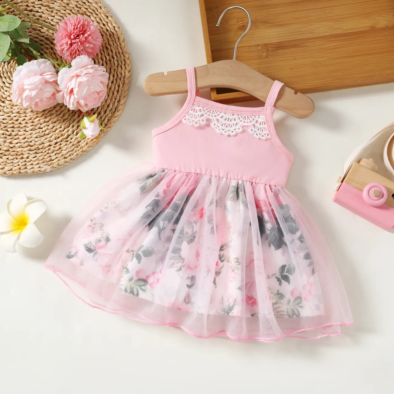 Baby Girl Lace Decor Mesh Floral Print Cami Dress Pink big image 1