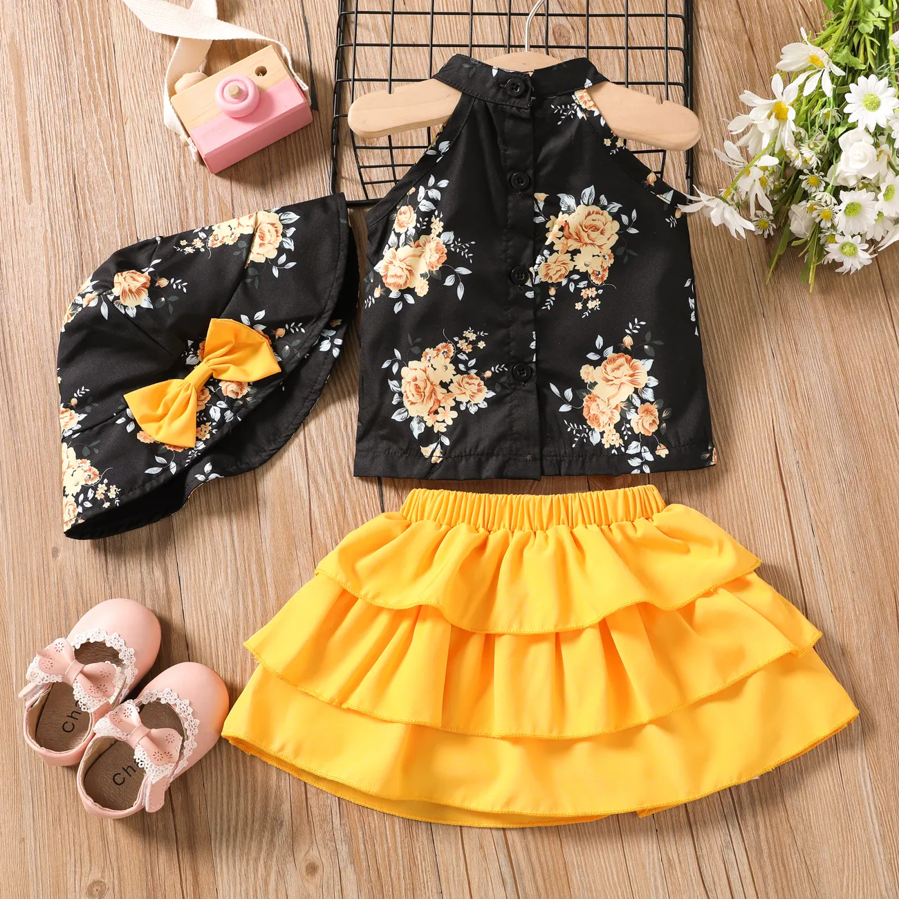 Big Flower Baby Girl 3pcs Sleeveless Suit Dress in Sweet Style, Polyester and Spandex, Regular Wash Yellow big image 1
