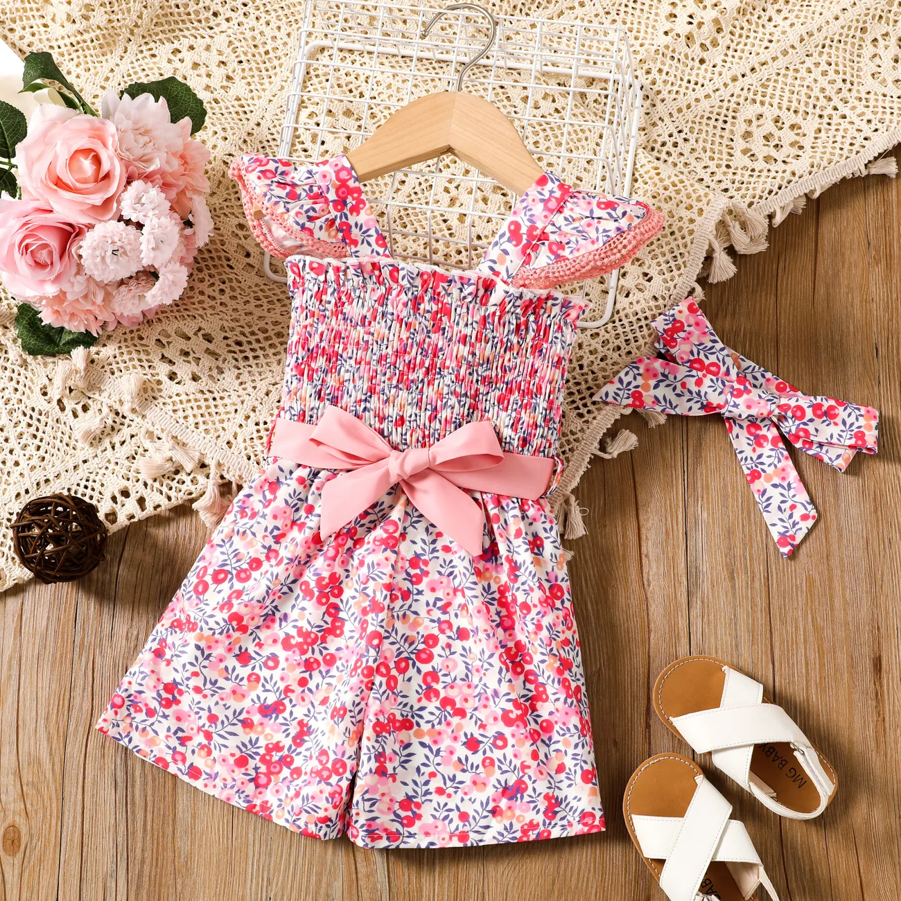 Toddler Girl 2pcs Floral Print Flutter Sleeve Jumpsuit and Headband Set Pink big image 1