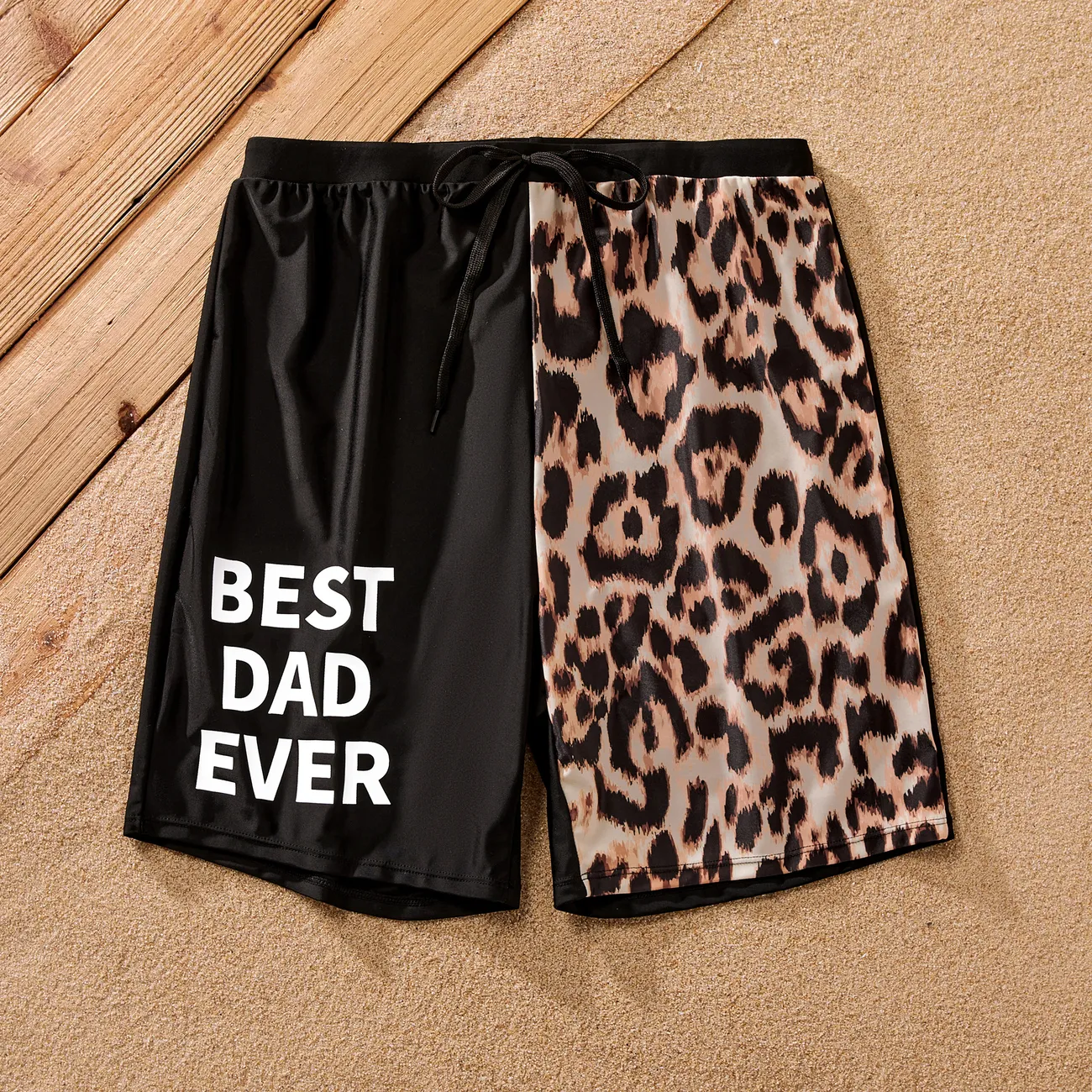 Family Matching Leopard & Black Spliced One Shoulder One-piece Swimsuit or Letter Graphic Swim Trunks Shorts Black big image 1