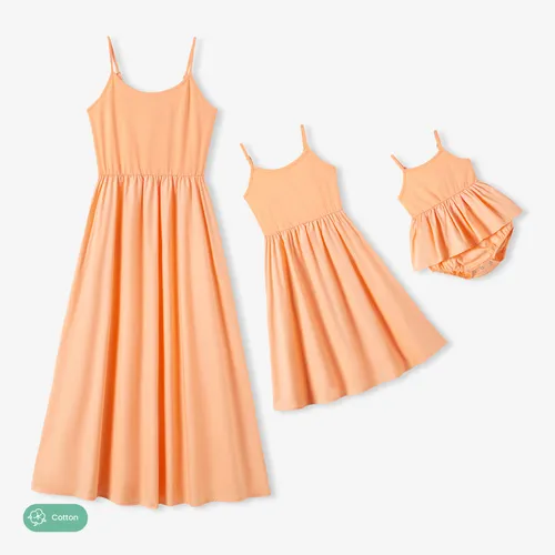 Mommy and Me Orange Cotton Sleeveless A-Line Strap Dress 
