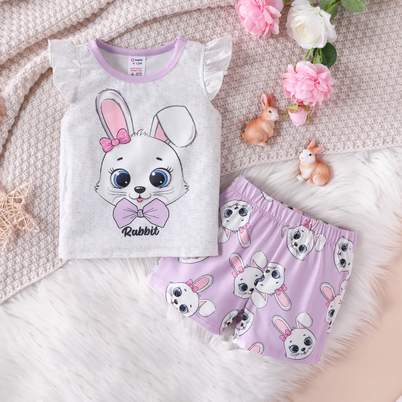 Baby-/Kleinkindmädchen 2-teiliges Kaninchen-Print-T-Shirt und Shorts Pyjama-Set helles lila big image 1