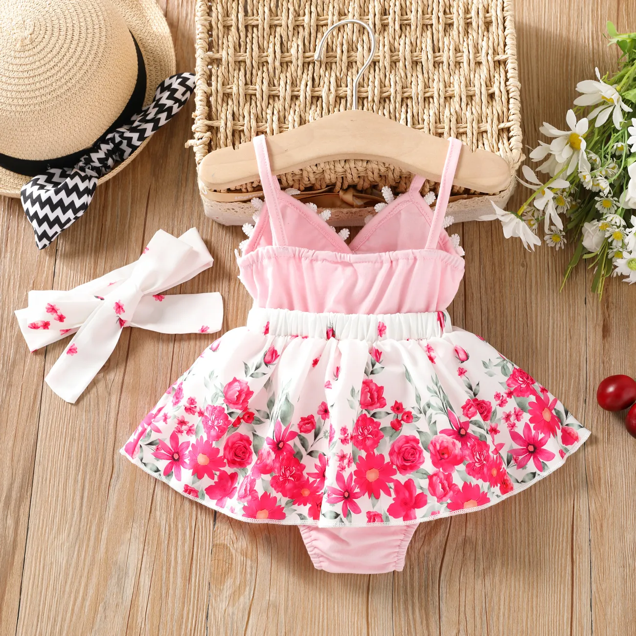 Girl's Lace Summer Jumpsuit with Floral Design (3pcs) Pink big image 1