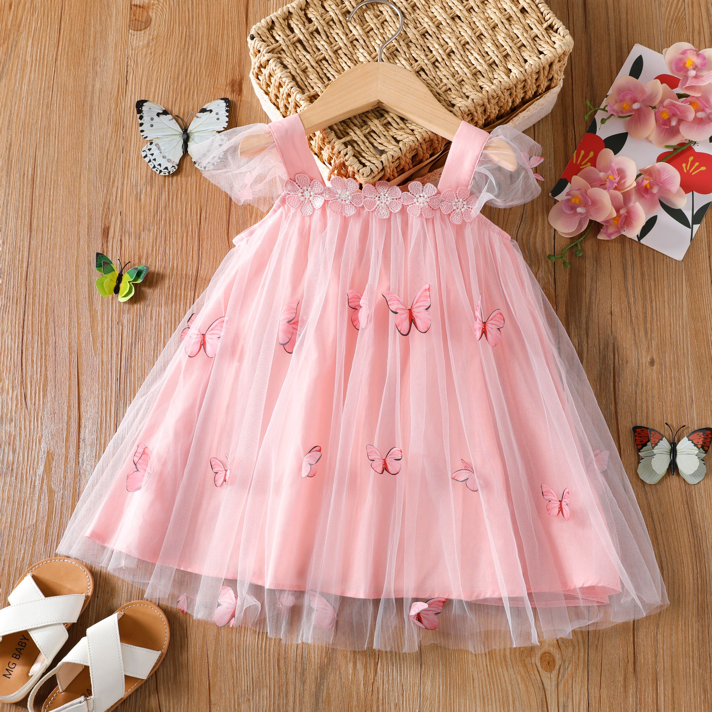 Toddler Girl 3D Butterfly Embroidered Mesh Spliced Dress