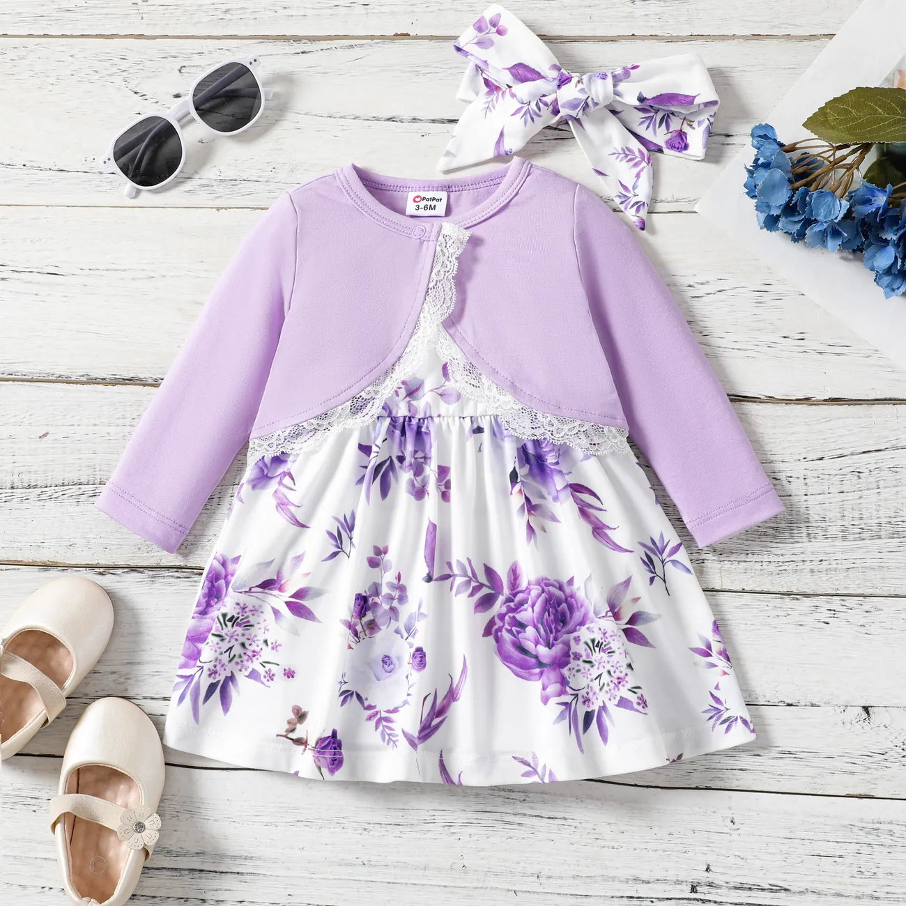 Baby girl 3pcs cardigan and floral pattern cami dress and headband set Purple big image 1