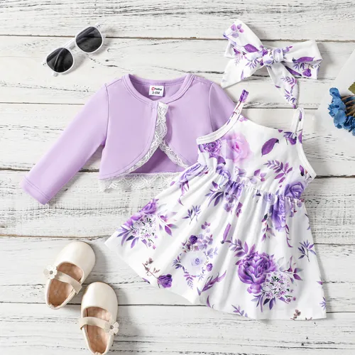 Baby girl 3pcs cardigan and floral pattern cami dress and headband set