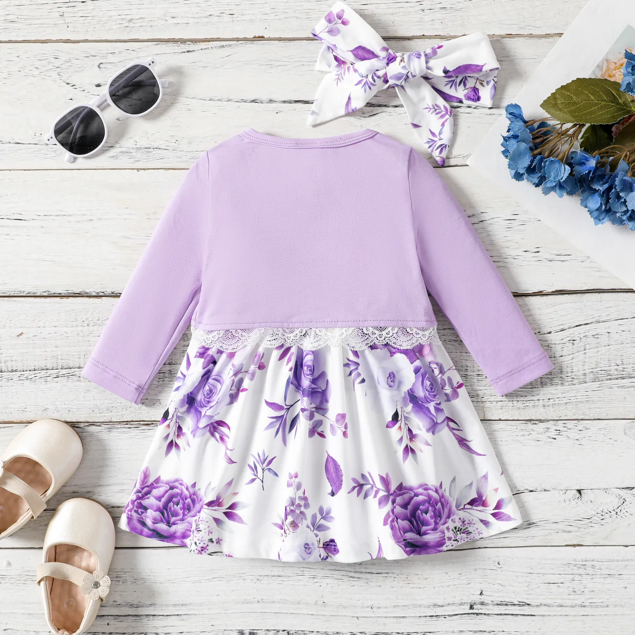 Baby girl 3pcs cardigan and floral pattern cami dress and headband set Purple big image 1