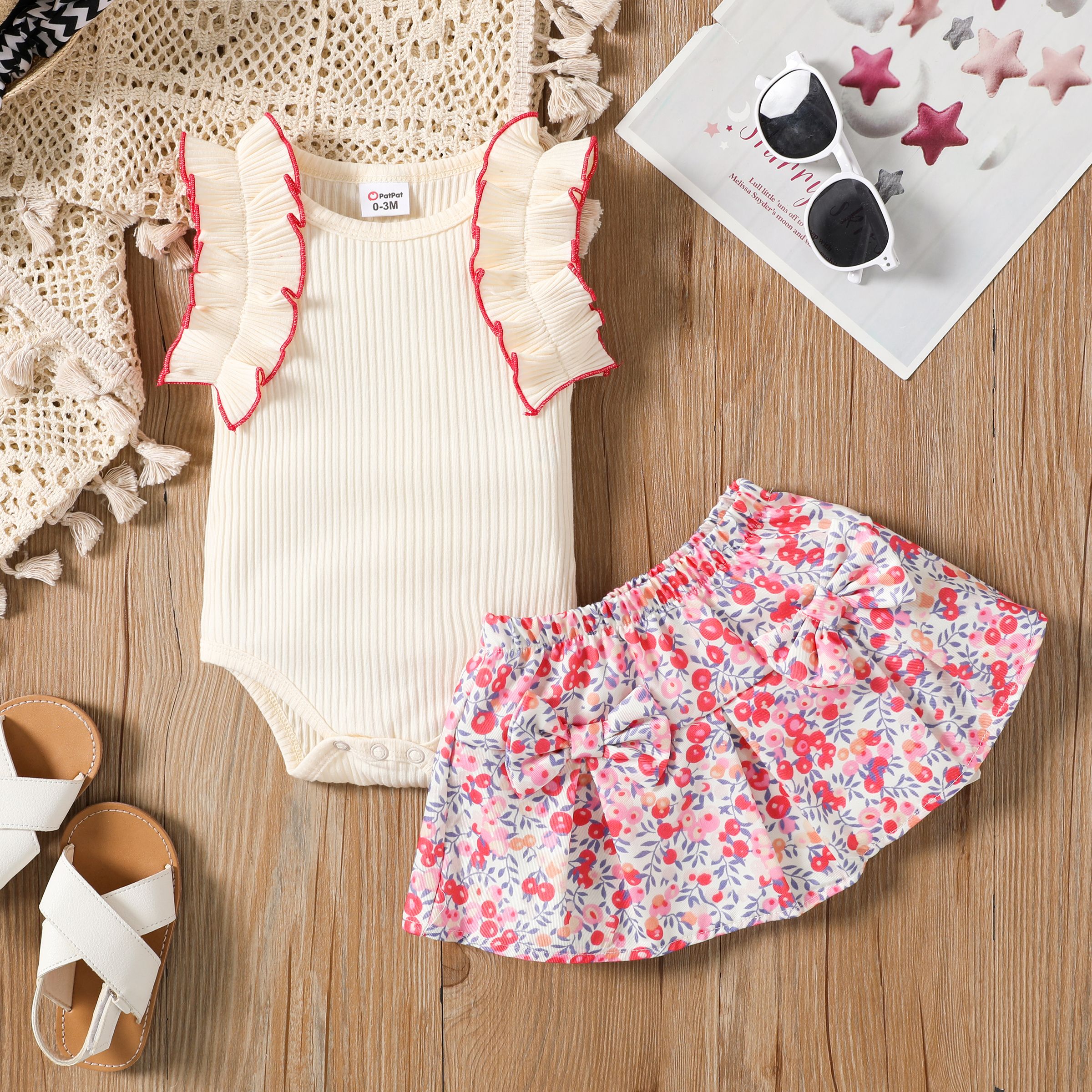 Baby Girl 2pcs Ruffled Romper and Floral Print Skirt Set