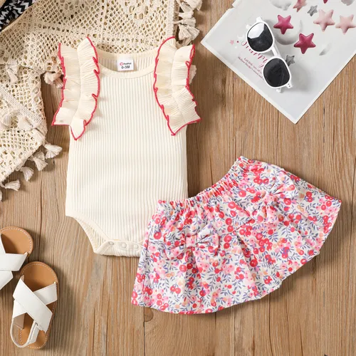 Bebé Niña 2pcs Pelele con volantes y conjunto de falda con estampado floral