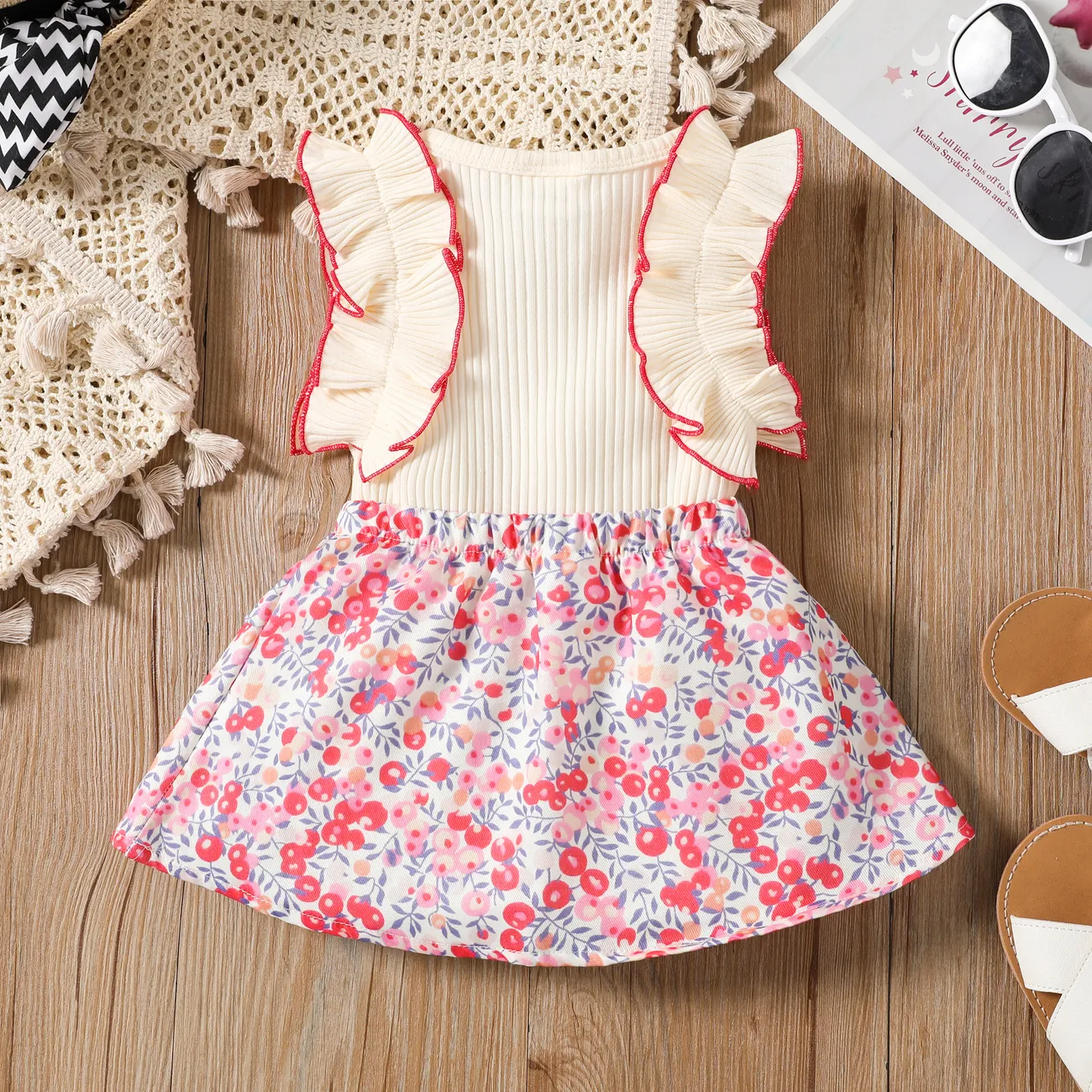 Baby Girl 2pcs Ruffled Romper and Floral Print Skirt Set Apricot big image 1