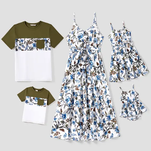Family Matching Color Block Tee and Allover Floral Button Up A-Line Strap Dress Sets