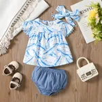 Baby Girl 3pcs Floral Pattern Blouse Top and Shorts with Headband Set Blue