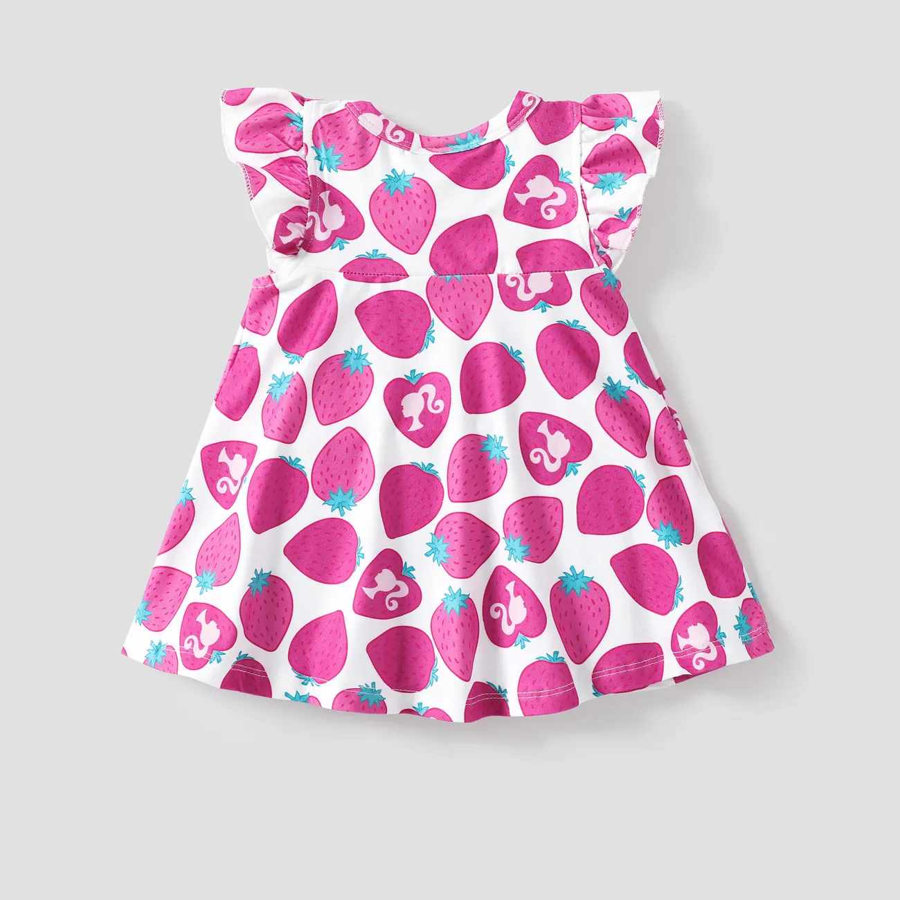 芭比娃娃嬰兒/幼兒女孩 1 件裝草莓通體印花荷葉邊袖連衣裙 玫瑰 big image 1
