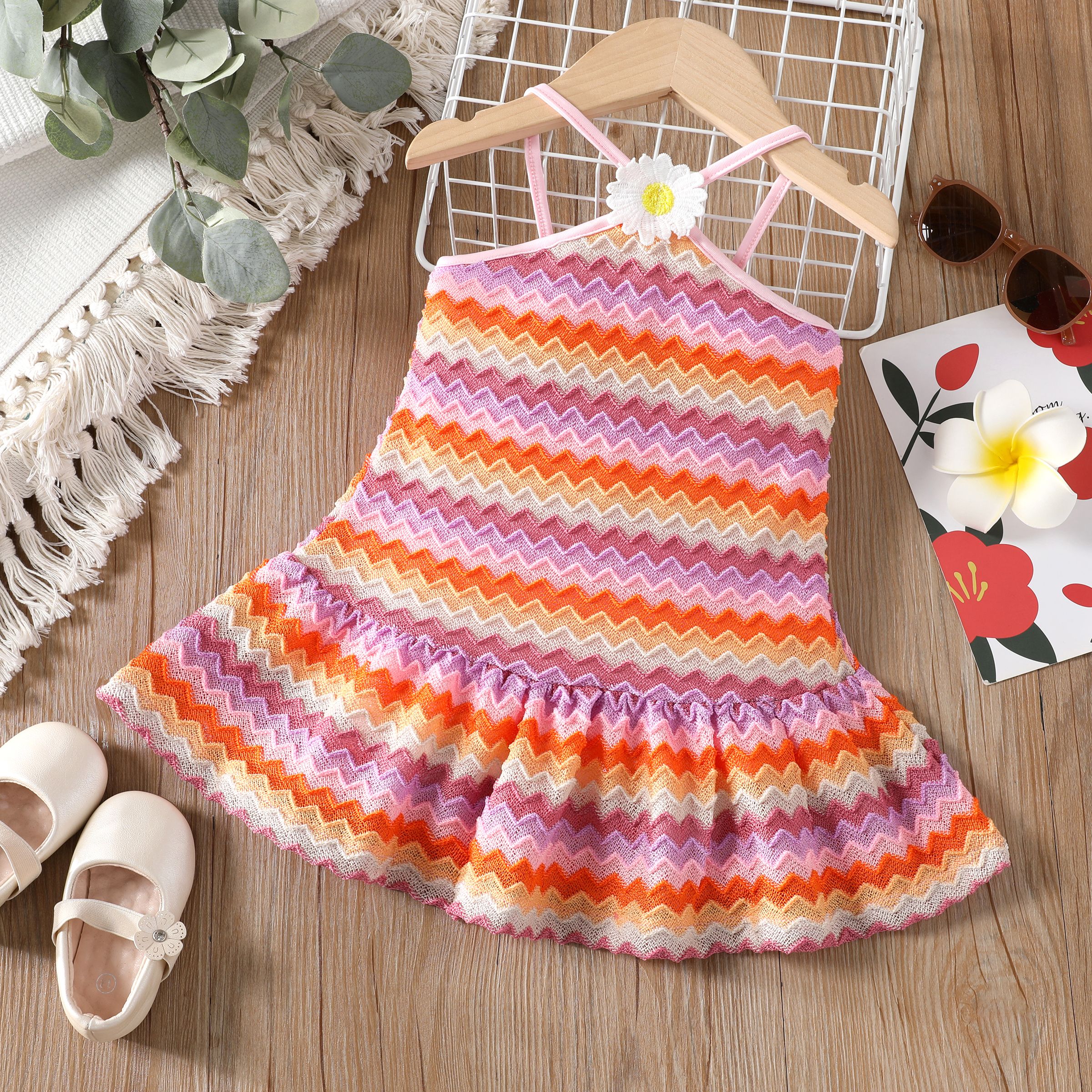 Toddler Girl Color Stripe 3D Floral Cami Dress