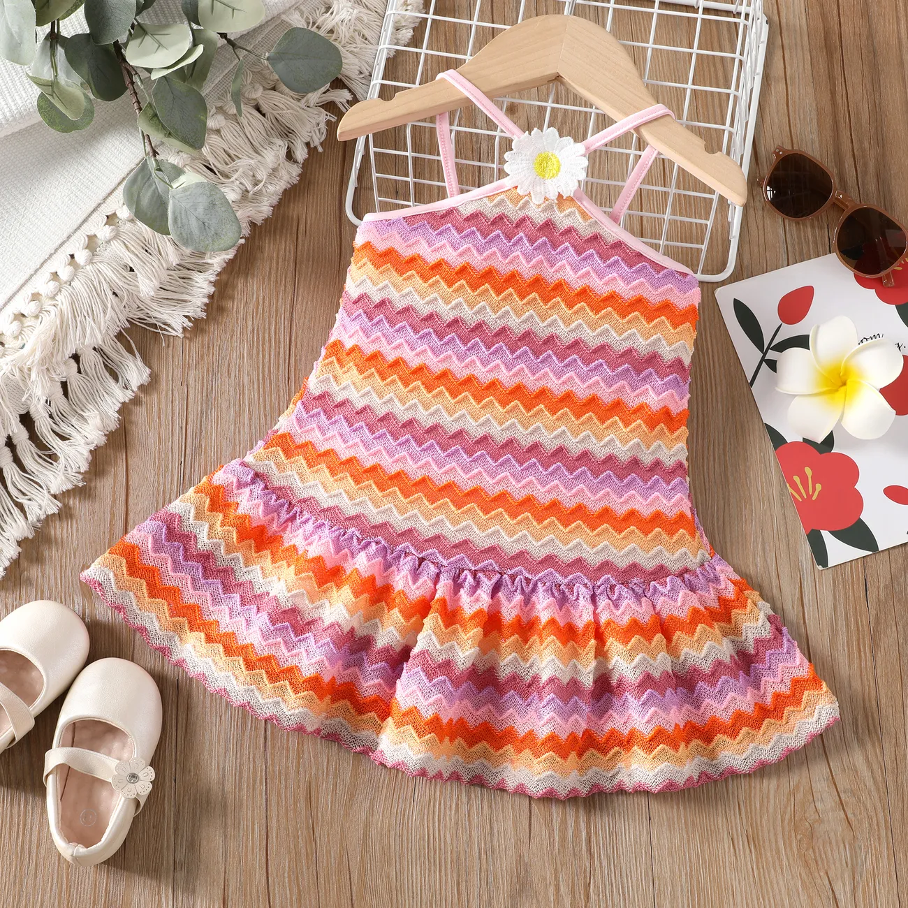 Toddler Girl Color Stripe 3D Floral Cami Dress Colorful big image 1