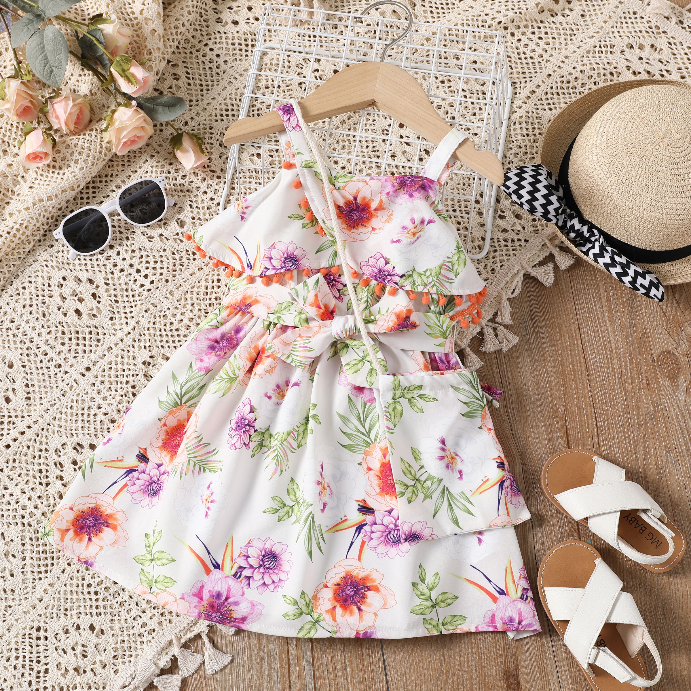 Toddler Girl 2pcs Floral Pattern Ruffled Canmi Dress and Bag Set