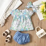 Baby Girl 3pcs Floral Pattern Blouse Top and Shorts with Headband Set Turquoise