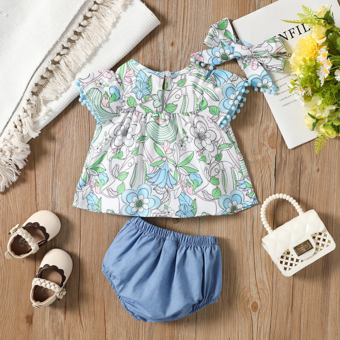 Baby Girl 3pcs Floral Pattern Blouse Top and Shorts with Headband Set Turquoise big image 1