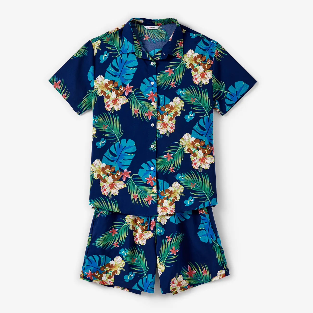 Family Matching Sets Tropical Floral Shirt and Drawstring Shorts with Pockets  Dark Blue big image 1