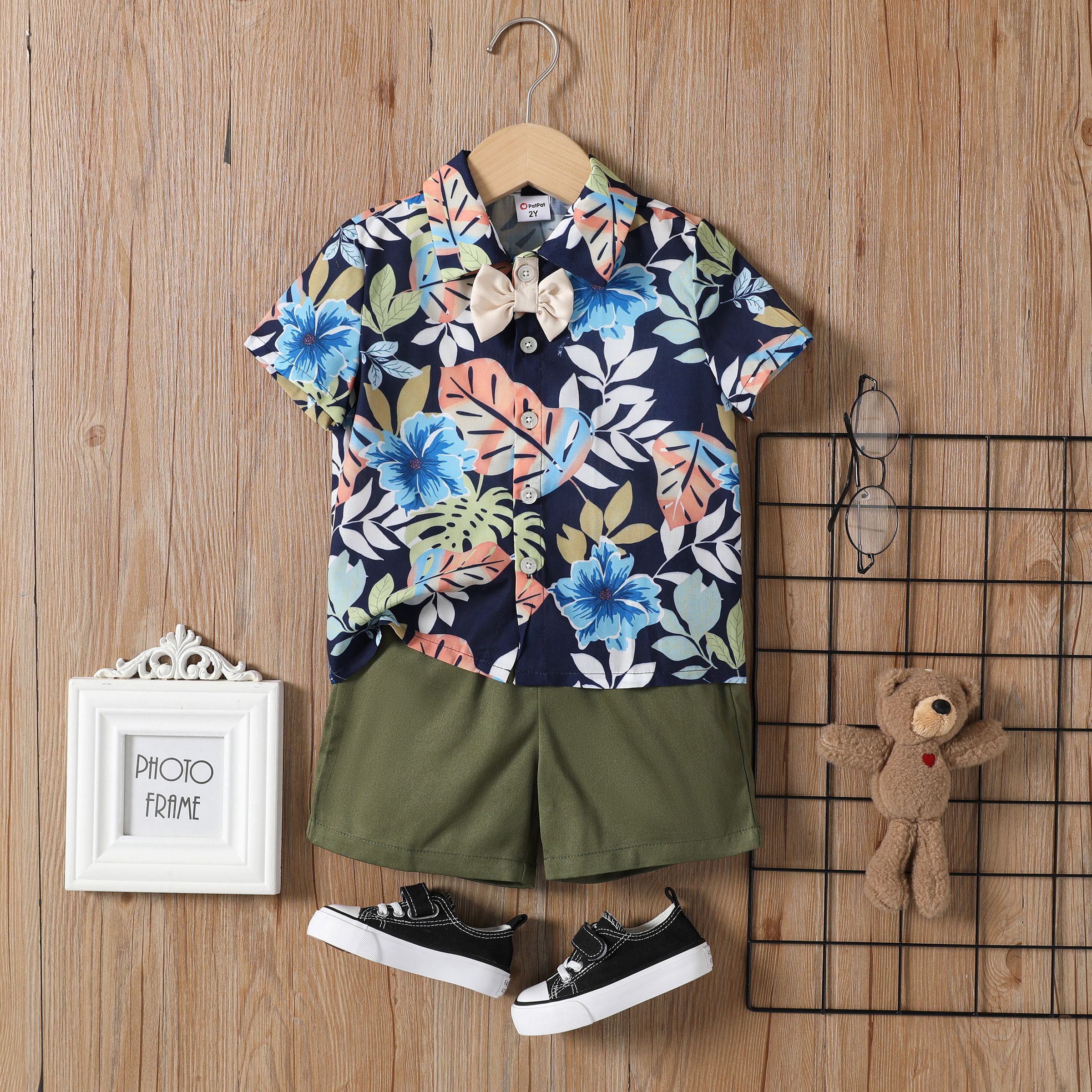 Toddler Boy 2pcs Bowknot Tropical Plant Shirt and Shorts Set