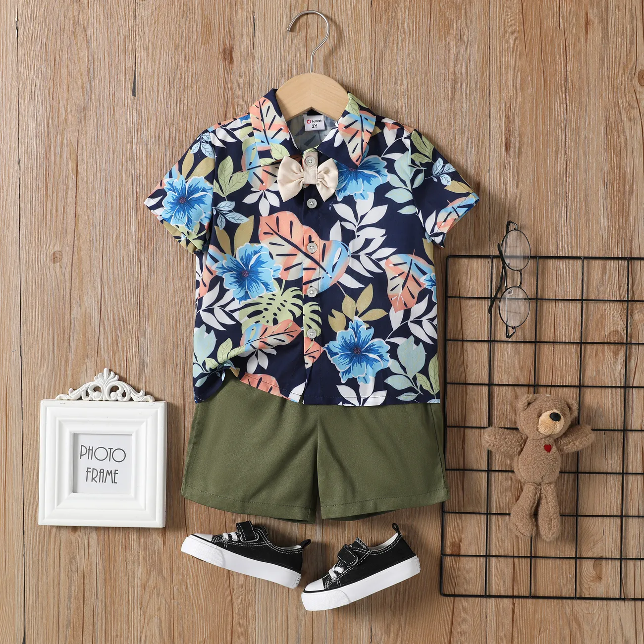 Toddler Boy 2pcs Bowknot Tropical Plant Shirt and Shorts Set Army green big image 1