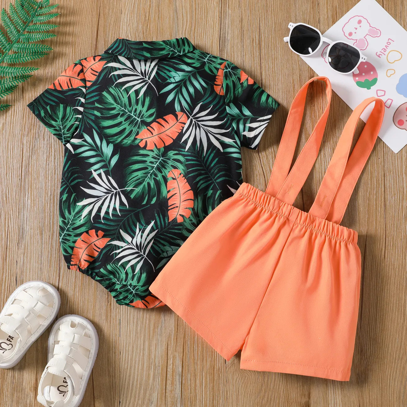 Baby Boy Square-Cut Collar Tropical Floral Print Romper and Overall Shorts Set Orange big image 1