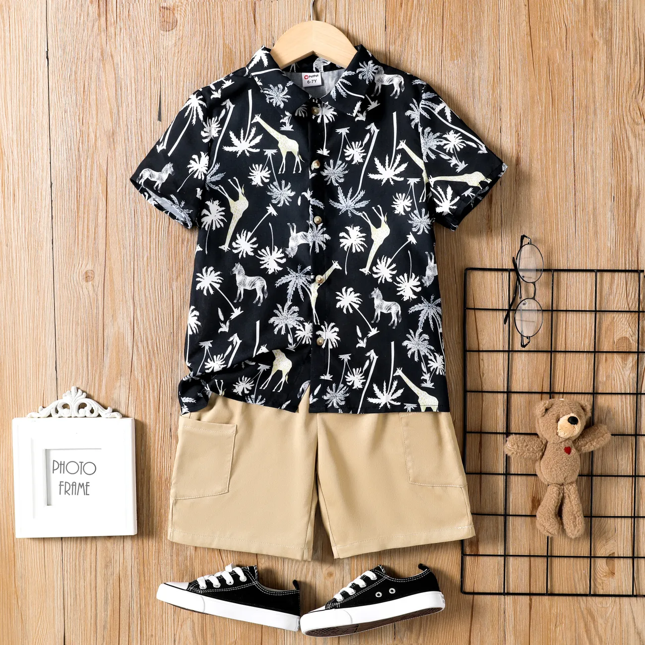 Kid Boy 2pcs Giraffe&Plants Print Shirt and Cargo Shorts Set Khaki big image 1