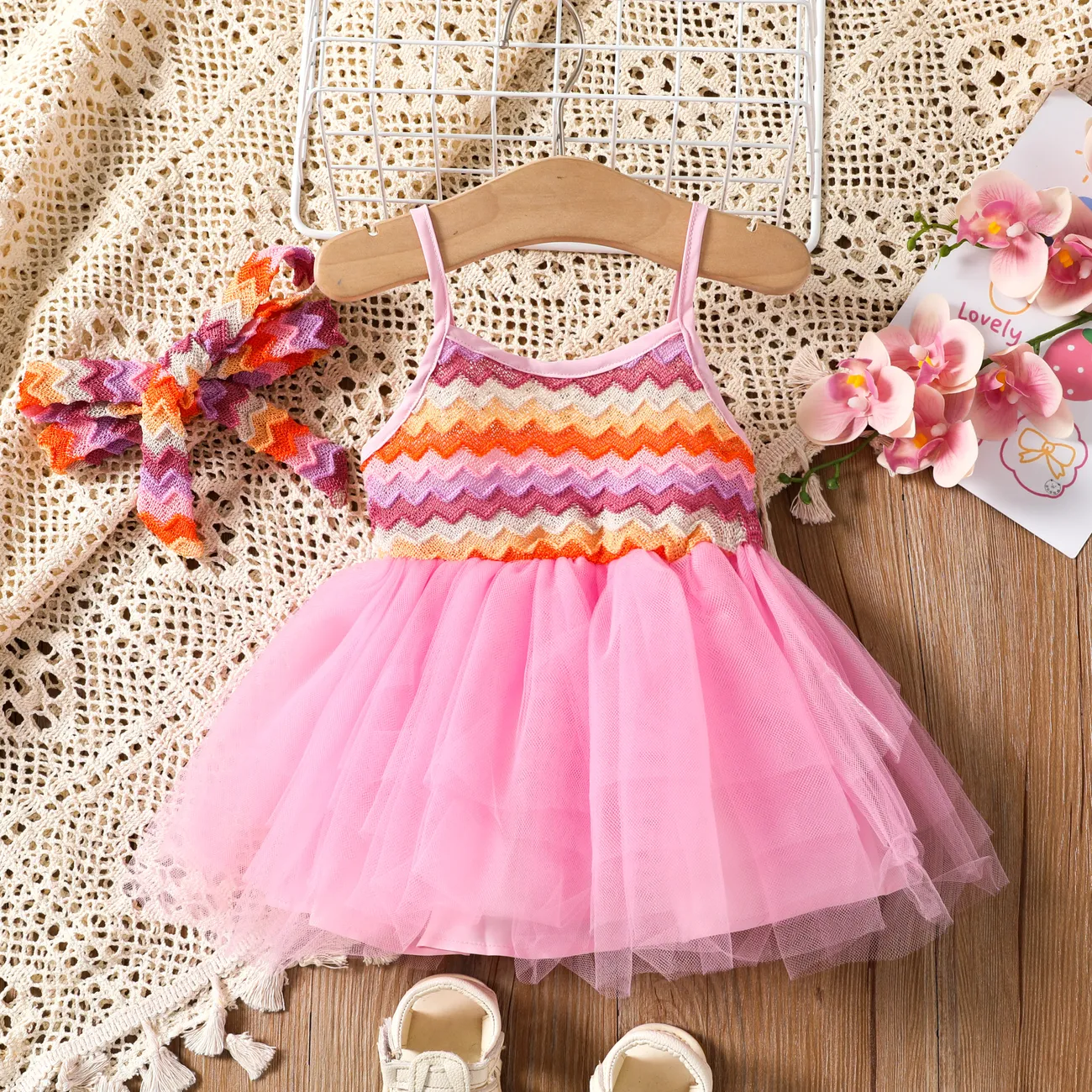 Baby Girl 2pcs Colorblock Wavy Striped Mesh Cami Dress with Headband Pink big image 1