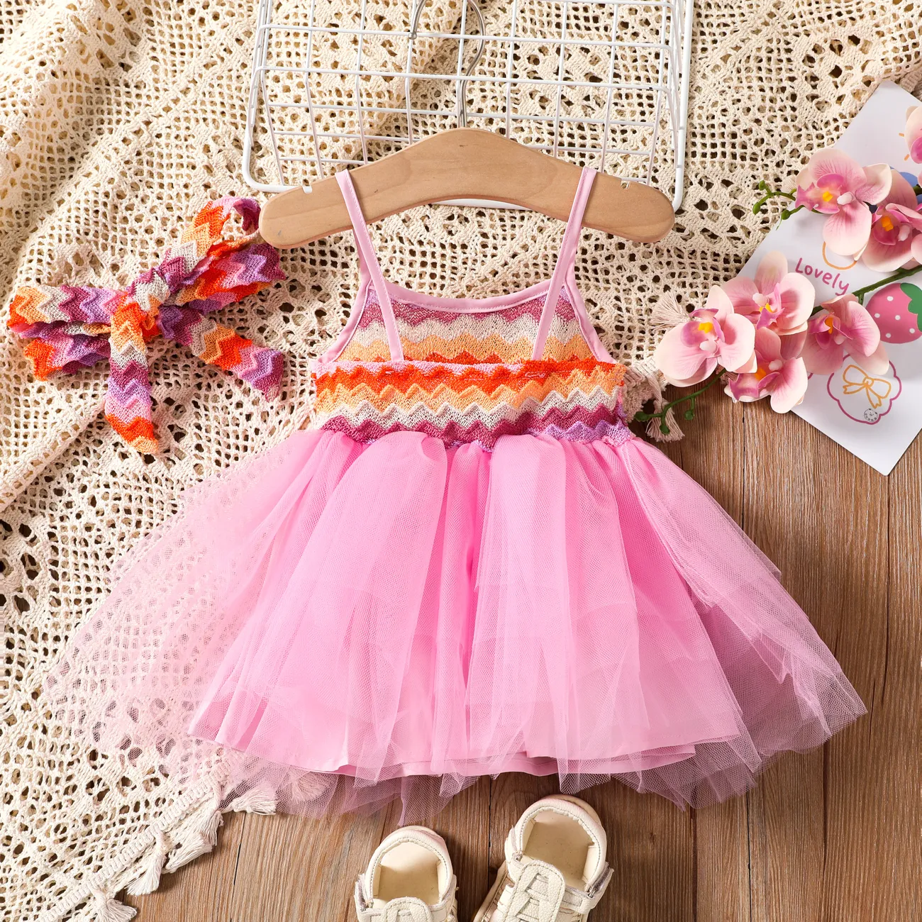 Baby Girl 2pcs Colorblock Wavy Striped Mesh Cami Dress with Headband Pink big image 1